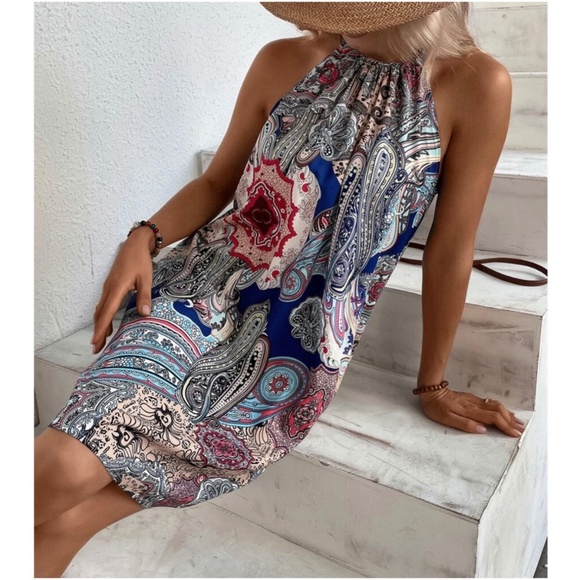 Boho Floral Paisley Halter Mini Dress - Picture 2 of 13